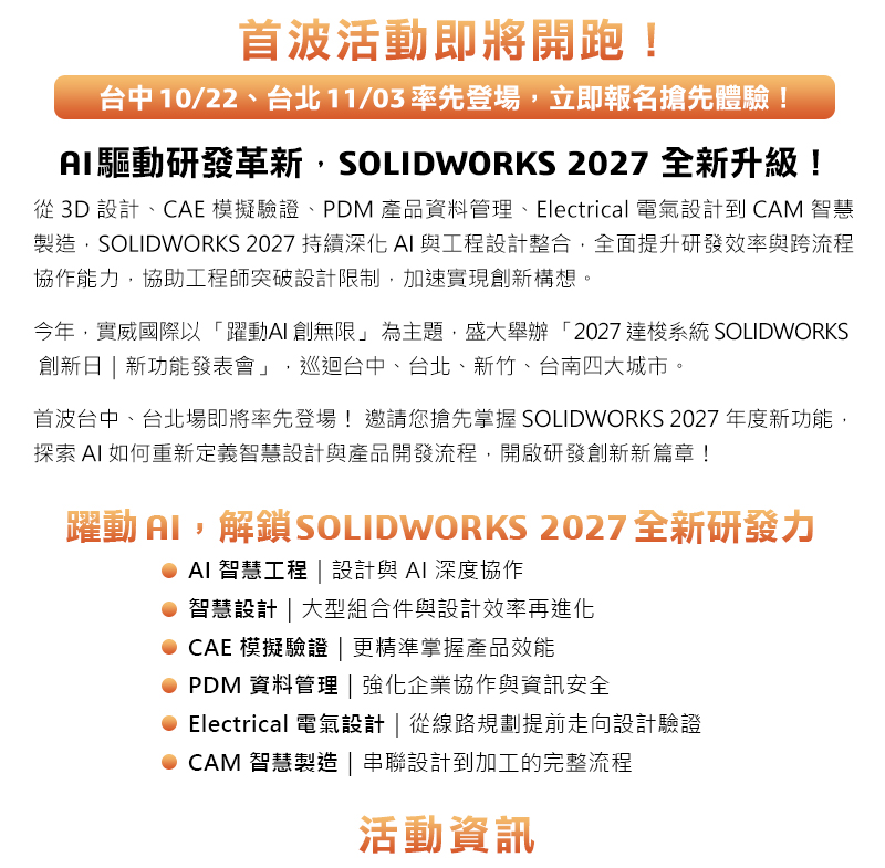 AI 伺服器、半導體設備、高速傳輸與電子產品快速演進，讓產品研發面臨更嚴苛的驗證挑戰。從機構強度、腔體均溫、PCB 熱管理、IC 測試訊號完整性，到探針參數最佳化與模流結構耦合分析，每一項工程細節都可能影響產品可靠度、開發效率與量產品質。

實威國際誠摯邀請您參與 【2026 達梭系統 SOLIDWORKS Design Validation Day 設計驗證日】。本次活動將以半導體與電子產業實務應用為核心，結合 SOLIDWORKS AI、SOLIDWORKS Simulation、SOLIDWORKS Flow Simulation、SIMULIA Abaqus、SIMULIA CST 與 SOLIDWORKS Plastics，協助研發與工程團隊建立更完整的數位驗證流程，從設計初期降低風險，加速產品優化與工程決策。